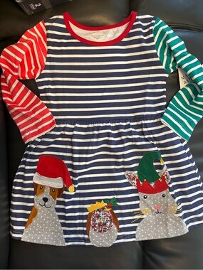 Navy & White Striped Dress with embroidered appliqué Christmas animals